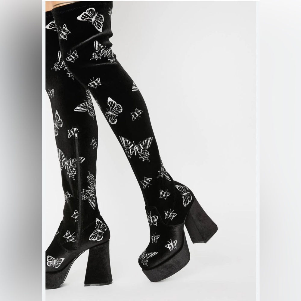 DELiA*s Black Velvet Glitter Butterfly Over-The-Knee Platform Boots Women’s 5